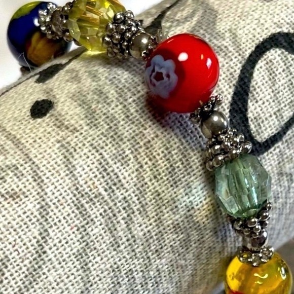 Beaded Stretch Bracelet One Size Multicolor Glass Lampwork Boho Style - Picture 8 of 14